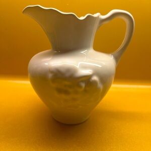 White Ceramic Small Pitcher Jug Vase Raised Fruit Ornate Handle Scalloped Edge